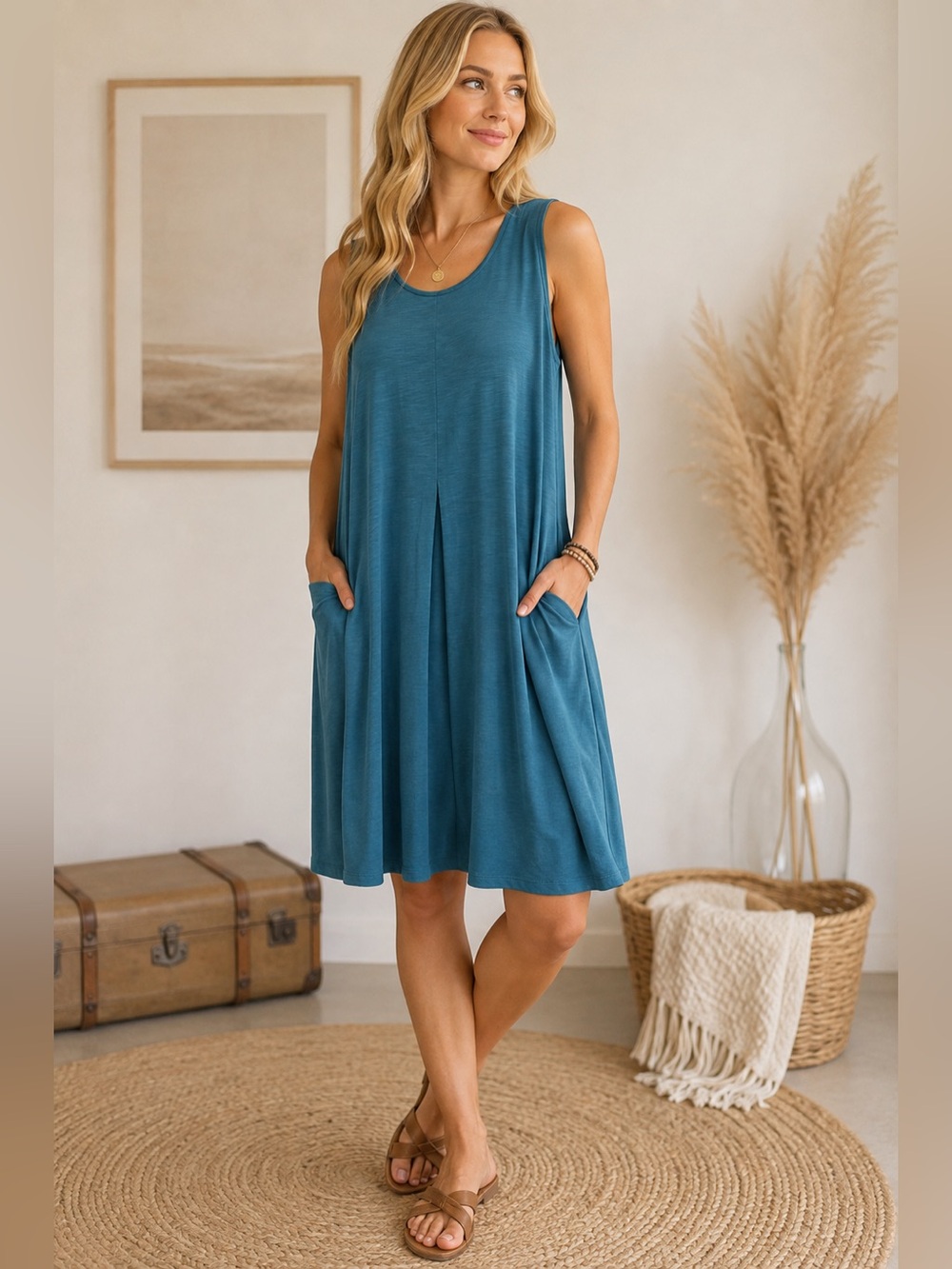 J. Jill Sleeveless Teal Swing Dress with Front Pleat and Pockets size XL Tall